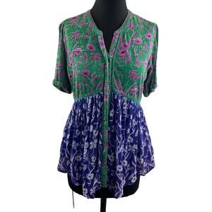 Anthropologie Akemi + Kin Veria Tunic Button Top Blouse Green Blue Floral Sz XS